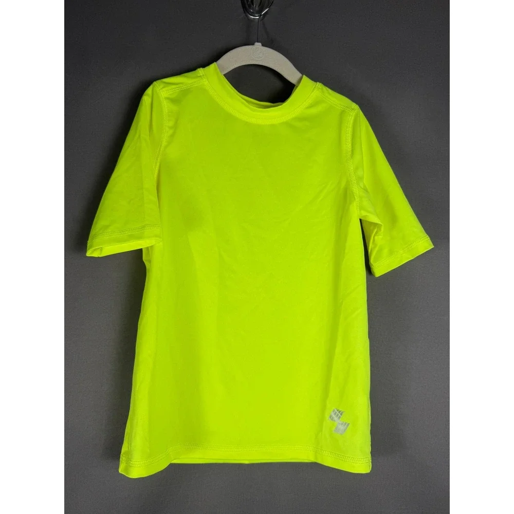Place Sport Swim Set Kids Size M 7/8 Neon Yellow Blue Palm Tropical Rash Guard